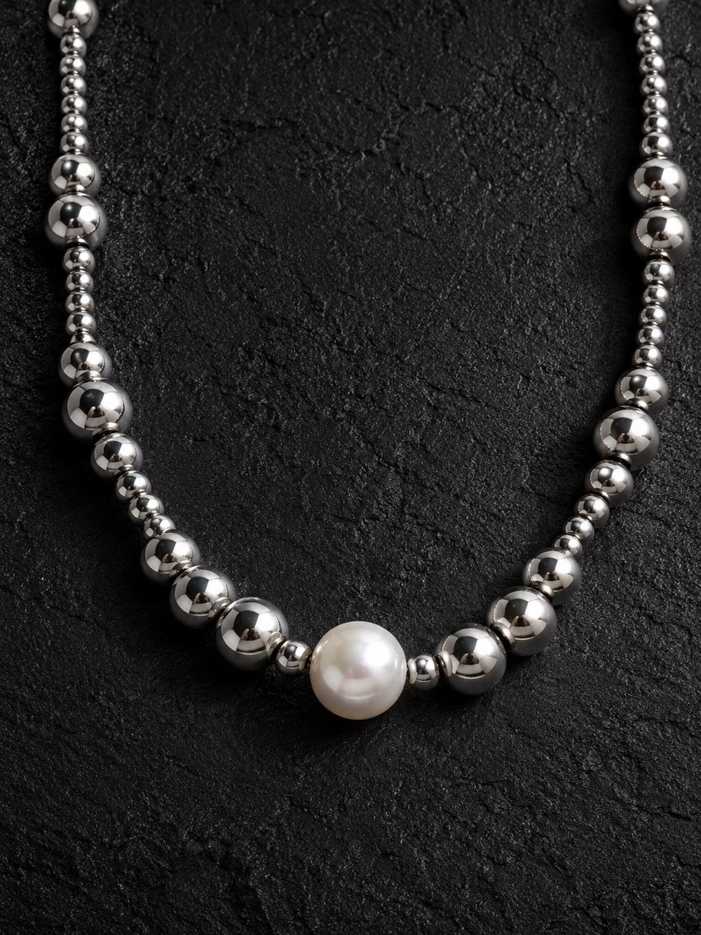 Silver color Beaded Necklace with Pearl Accent - Picture 4 of 8